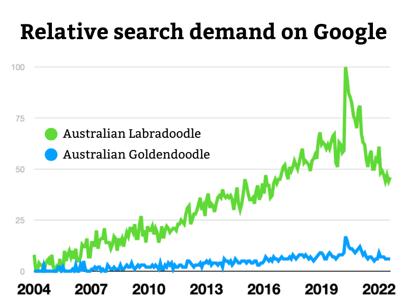 Statistical chart comparing the relative search volume of Australian Goldendoodles and Australian Labradoodles