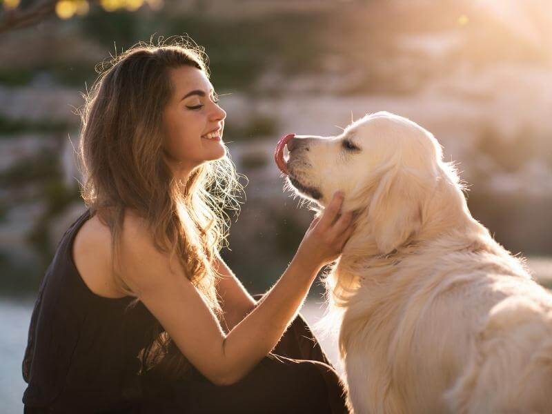 Woman smiling and petting her Golden Retriever