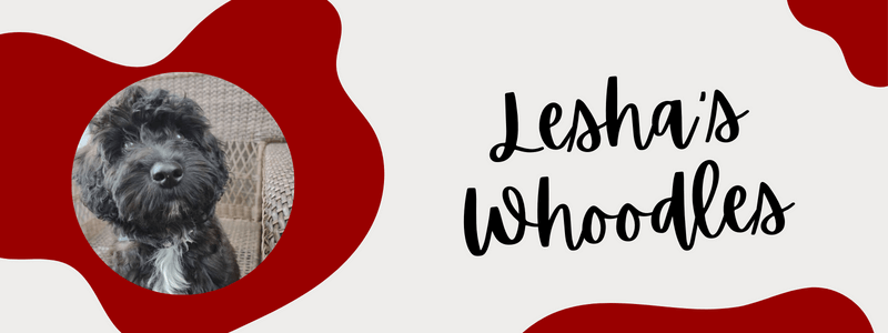 Decorative crimson and cream banner with text that says "Lesha's Whoodles"