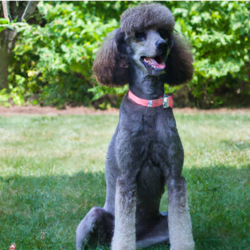 Adult black standard Poodle sitting upright outside, wearing a red collar