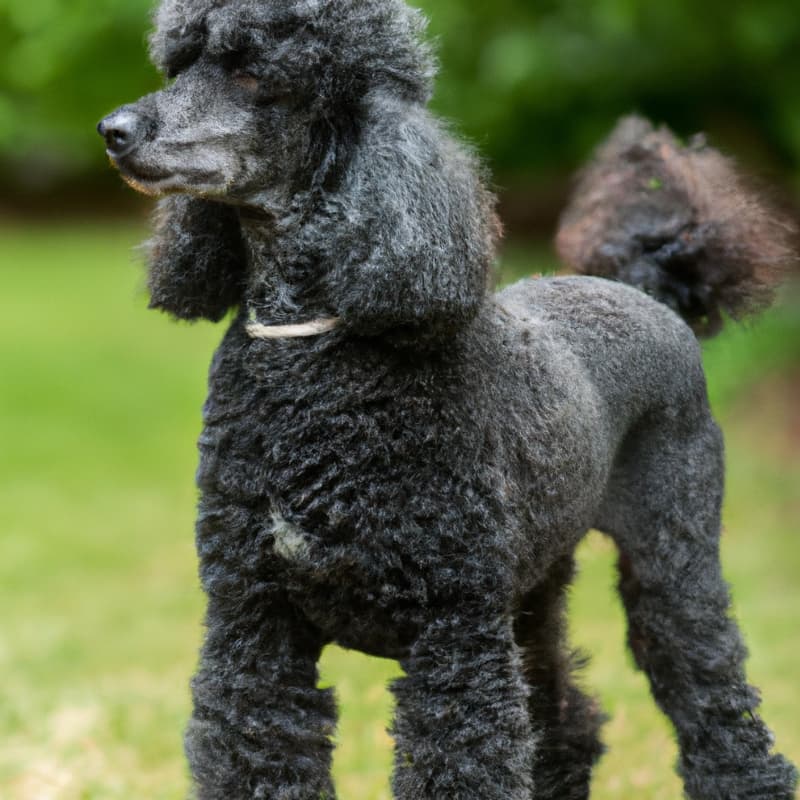 Black Standard Poodle staring off in the distance in a grassy field.