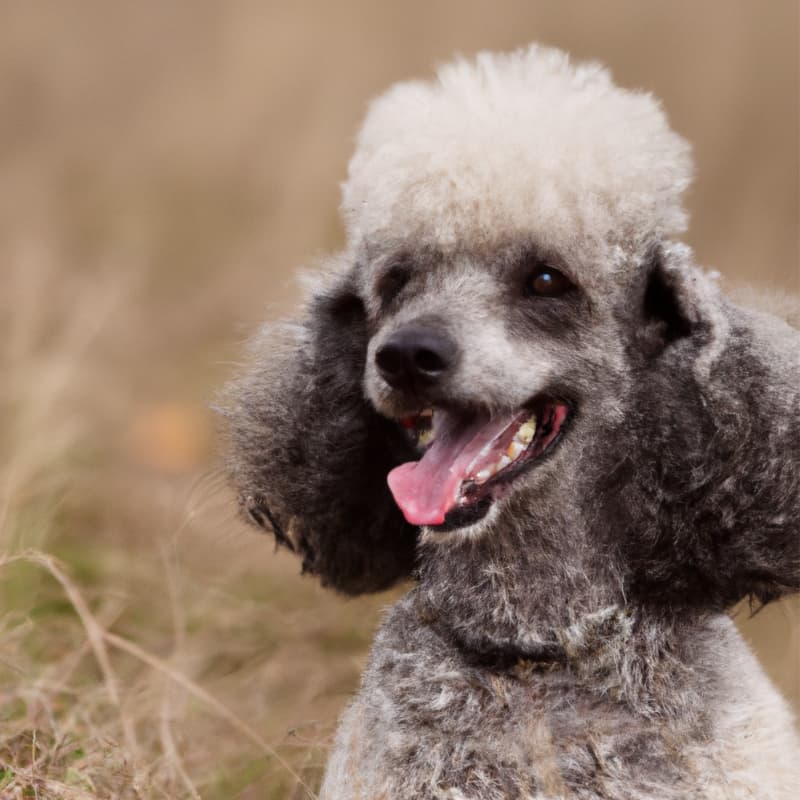 A grey-colored standard Poodle sitting in a field.