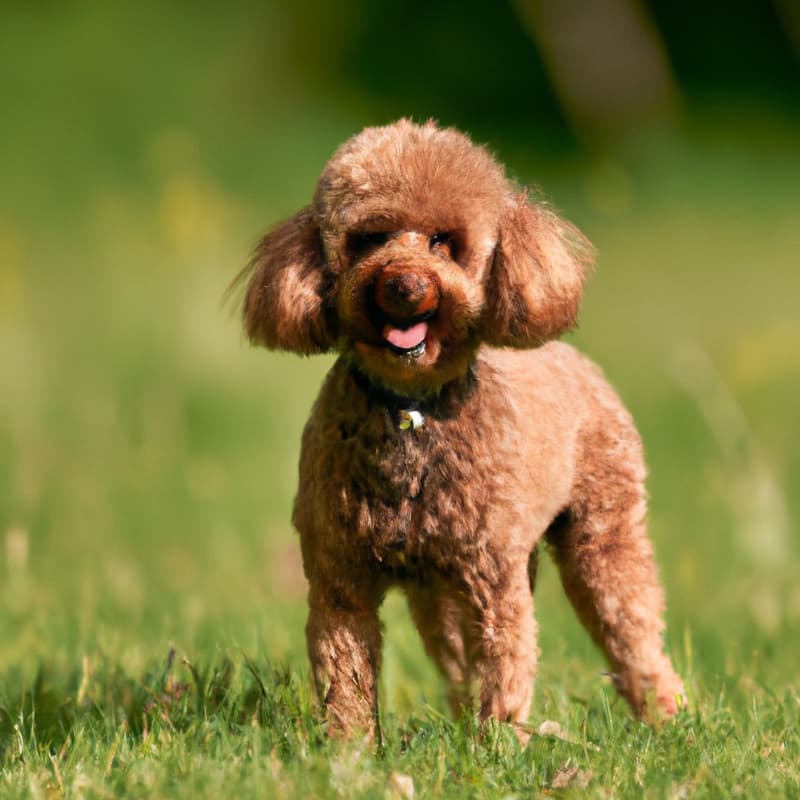 Apricot Mini Poodle standing in the grass.