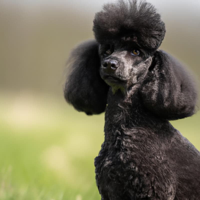 Black Standard Poodle sitting upright and looking very regal.