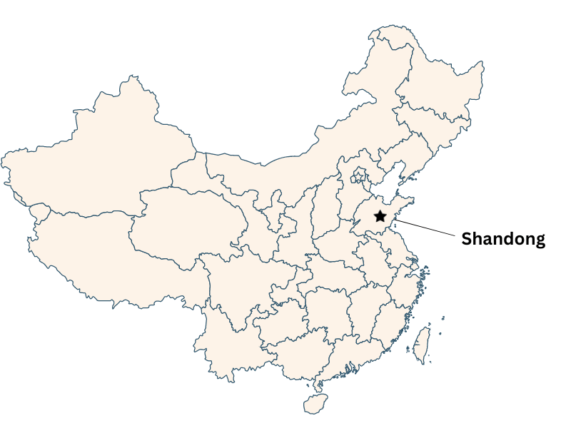 Map of China with a star pointing out the Shandong region.