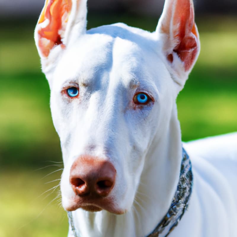 White colored Doberman with piercing blue eyes.