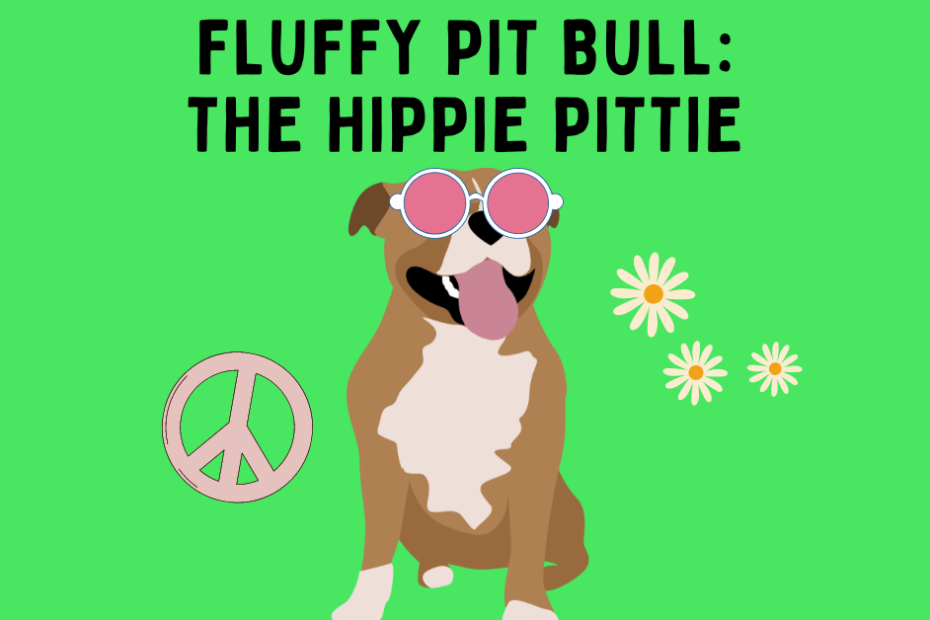 Cartoon Pit Bull wearing hippie glasses and surrounded by peace signs and flowers.