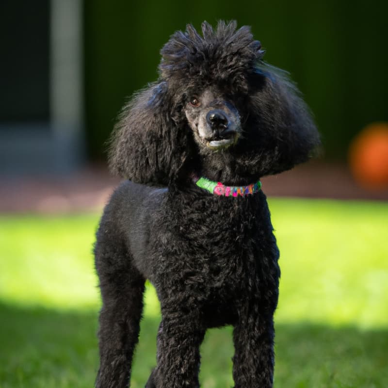 Black standard Poodle wearing a bright neon collar standing outside on a shady day.