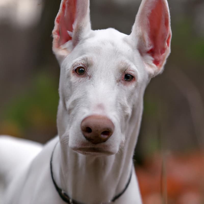 Up close picture of a white Doberman.