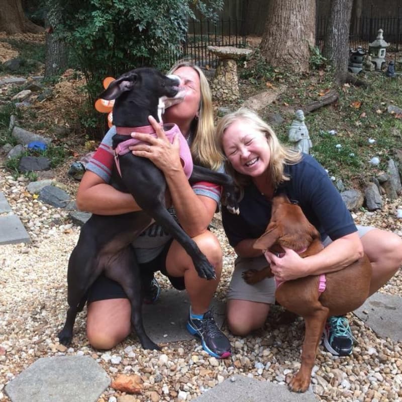 Two woman hugging their two dogs.