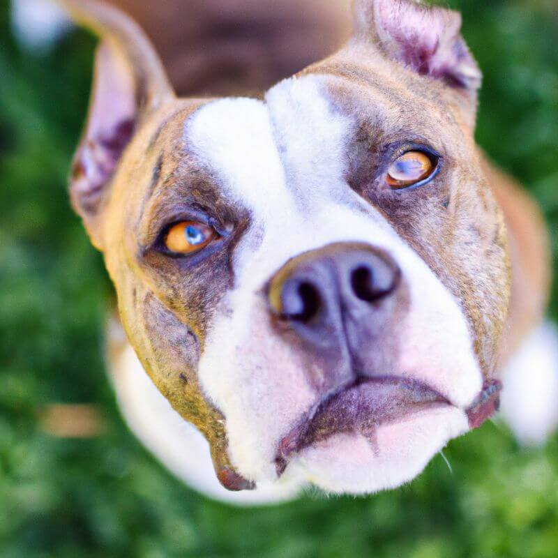 An American Bulldog-French Bulldog mix staring up at the camera with expressive light brown eyes.