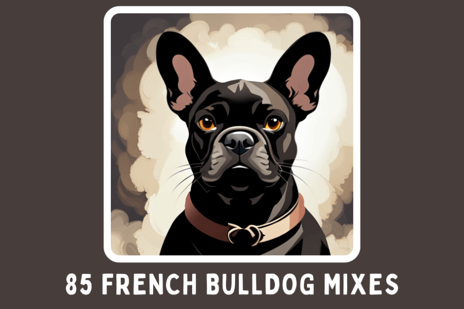Artistic render of a black French Bulldog surrounded by smoke and text below saying "85 French Bulldog Mixes"