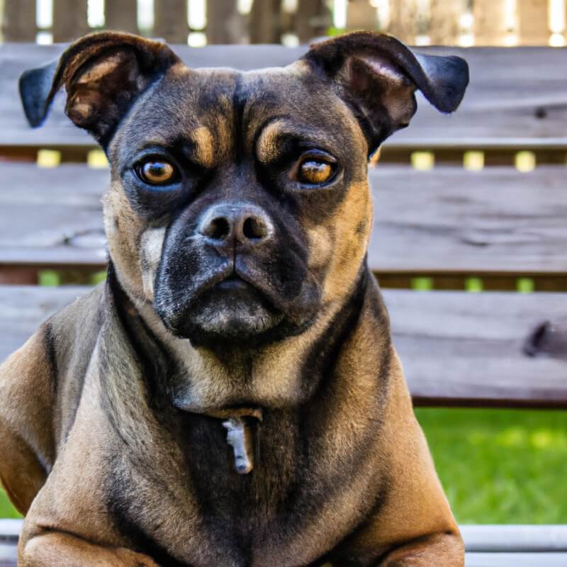 French Bulldog mixed with a Rottweiler sitting down on a bench outside.