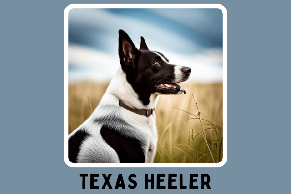 Beautiful artistic portrait of a Texas Heeler in a field with text below saying "Texas Heeler".