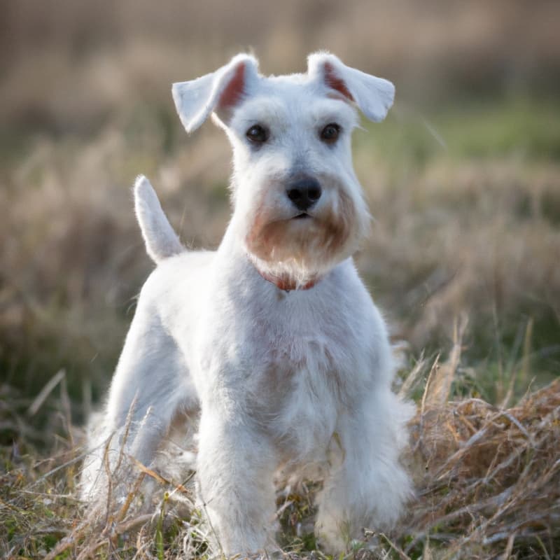 White Mini Schnauzer standing in a field.