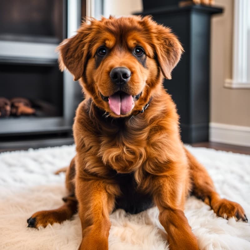 A Goldendoodle-Rottweiler mix puppy sitting on a white rug in front of a fireplace.