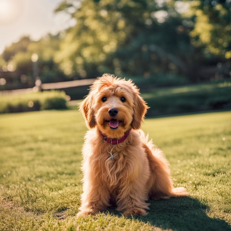 A Goldendoodle-Yorkie mix sitting in the grass.