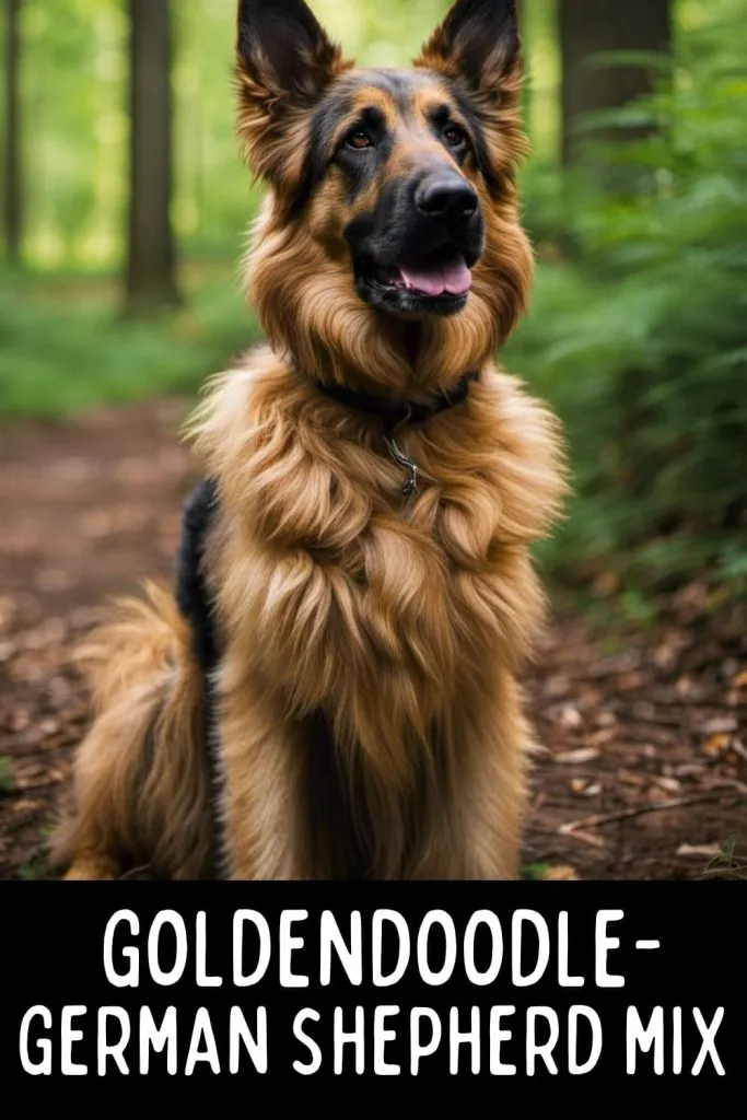 Goldendoodle german shepherd mix sitting in the woods.