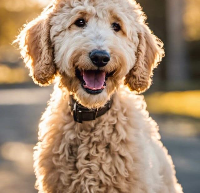 A cream-colored Goldendoodle sitting on a road.