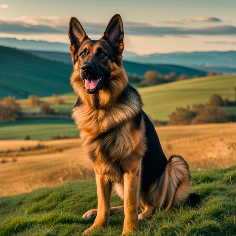 A german shepherd dog sitting on a grassy field.