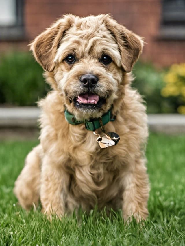 A small brown Goldendoodle-Pug mix sitting on the grass.