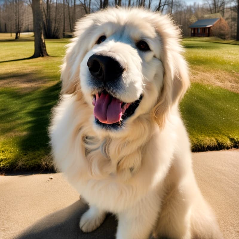 A Goldendoodle-Great Pyrenees mix, Golden Pyredoodle, sitting on the ground in front of a tree.