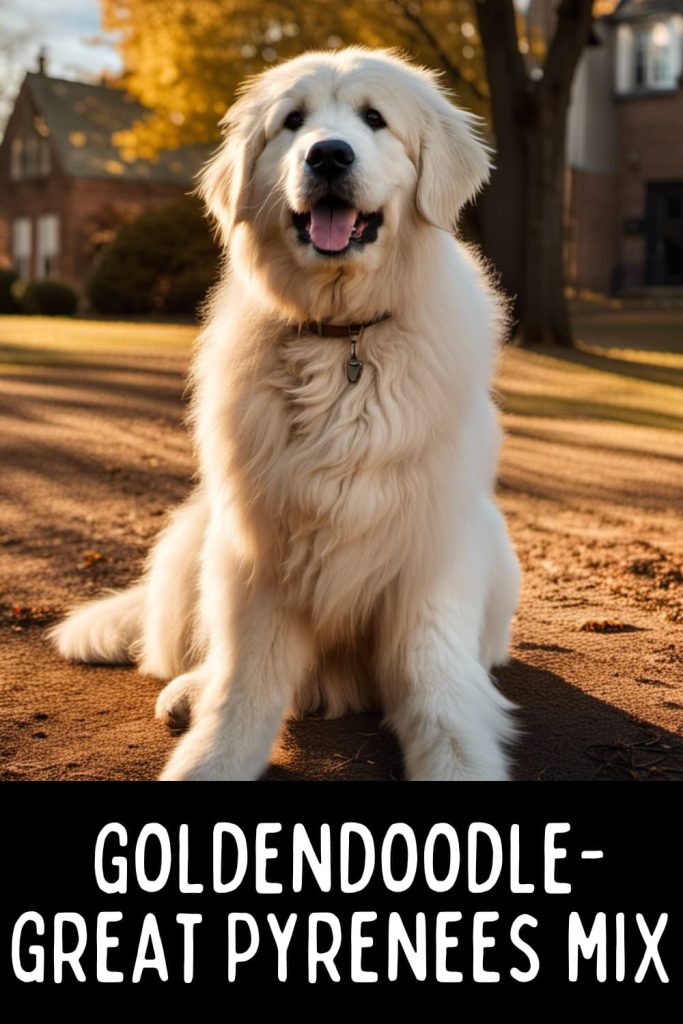 A Great Pyrenees-Goldendoodle mix sitting outside on an autumn day.