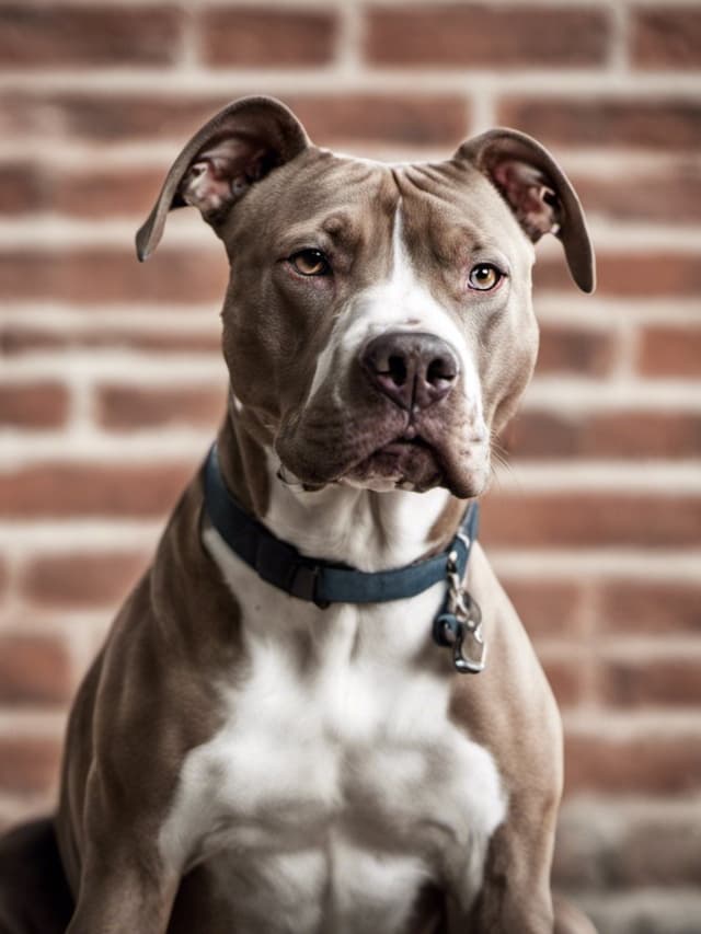 A pit bull dog sitting in front of a brick wall.