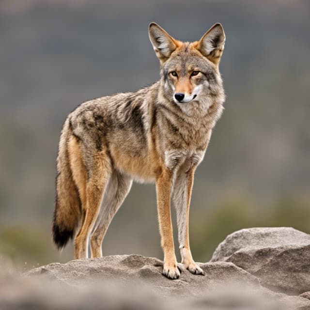 A coyote is standing on top of a rock.