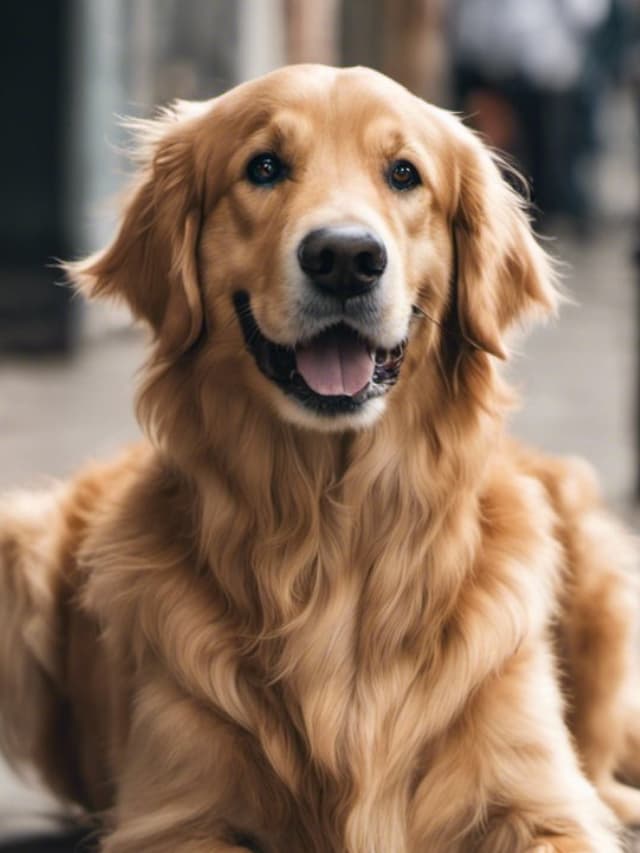 A golden retriever is laying on the sidewalk.