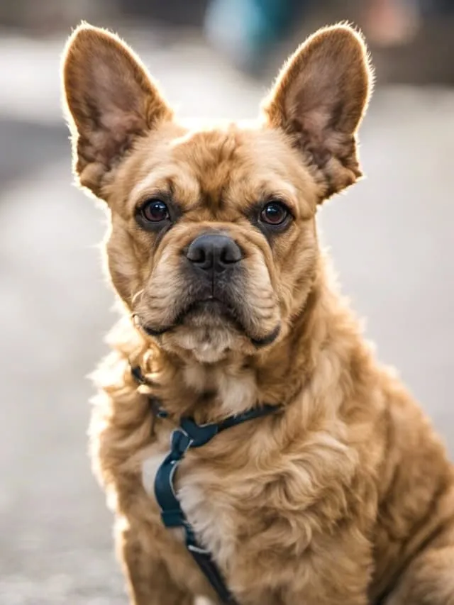 A small French Bulldog-Goldendoodle mix sitting on the street.
