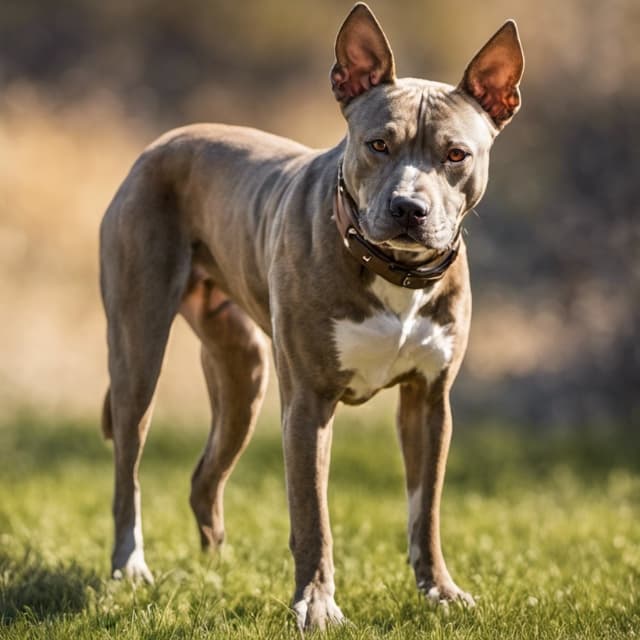 A pit bull-coyote mix standing in the grass.