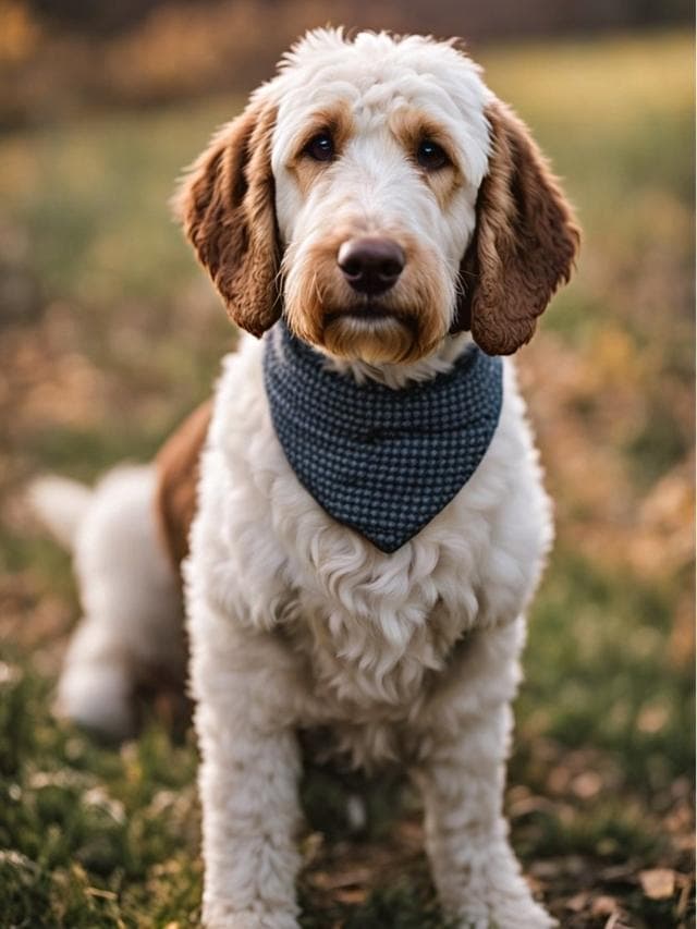 A German Shorthaired Pointer-Goldendoodle mix wearing a bandana in the grass.