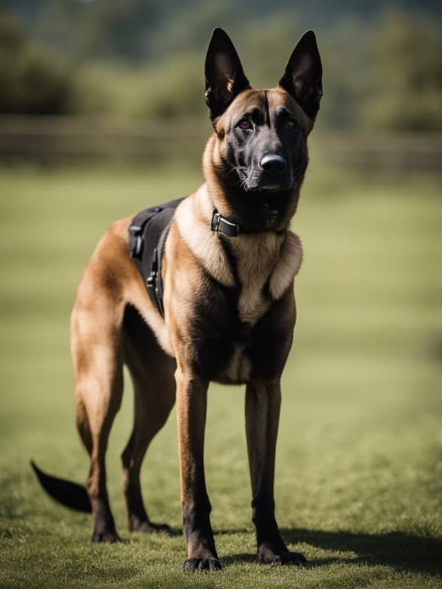 A Belgian Malinois dog standing in a field.