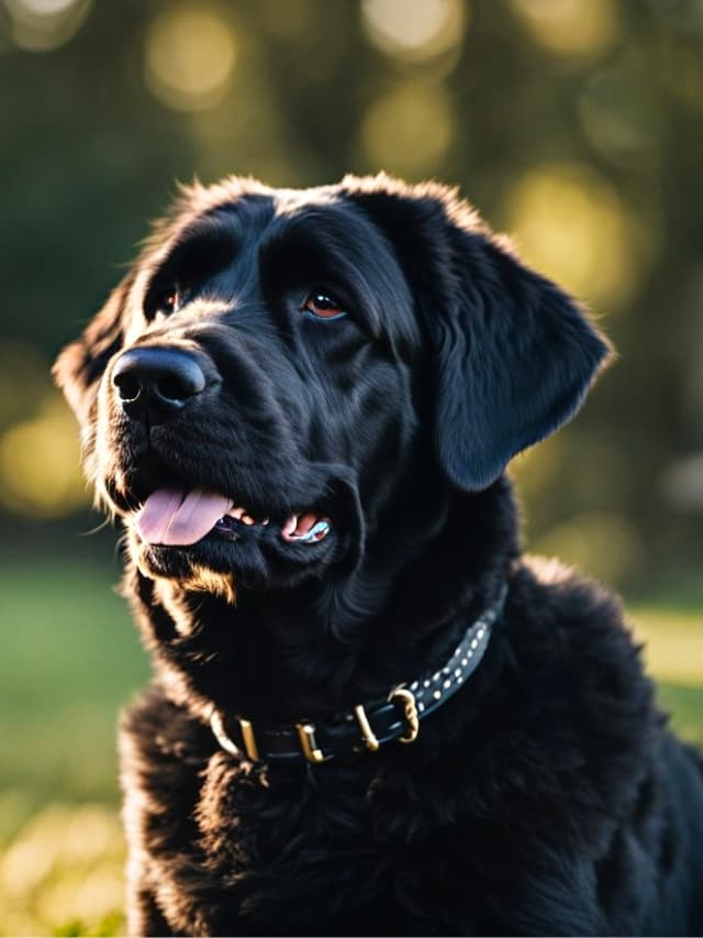 A black Cane Corso-Goldendoodle mix sitting in the grass.