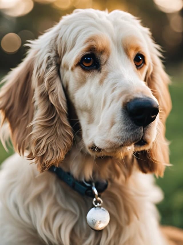 English Setter-Goldendoodle mix looking at the camera.