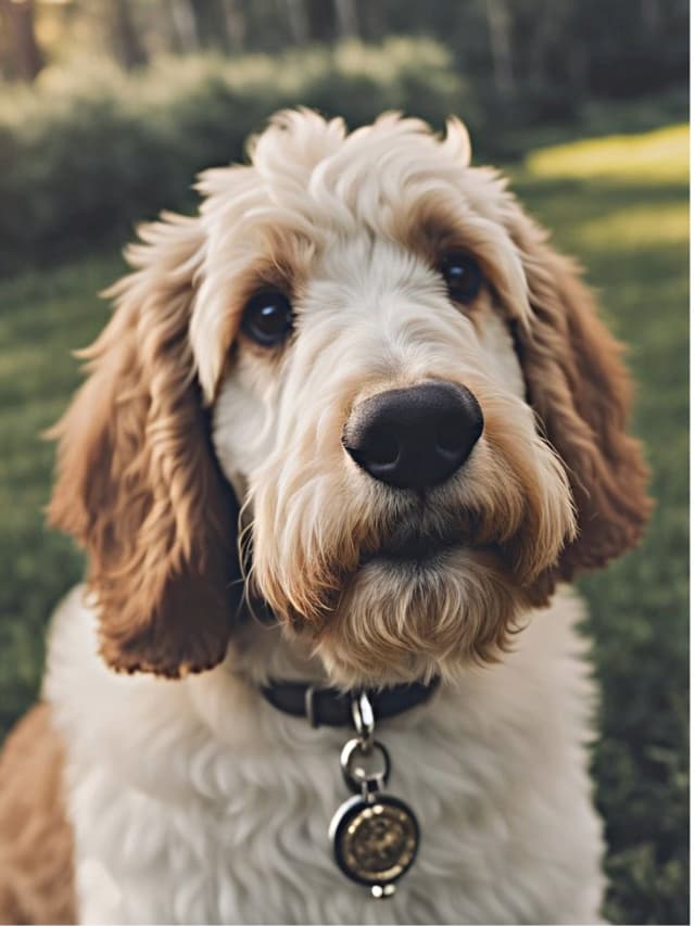 A brown and white Golden Springerdoodle is sitting in the grass.