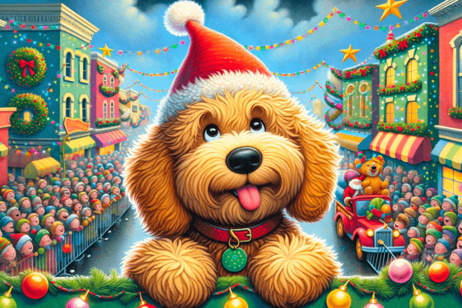 A dog wearing a santa hat in front of a crowd of people.