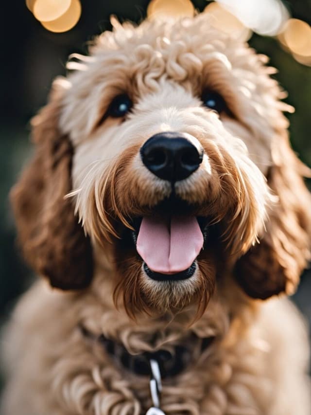 A Goldendoodle with its tongue out is smiling at the camera.