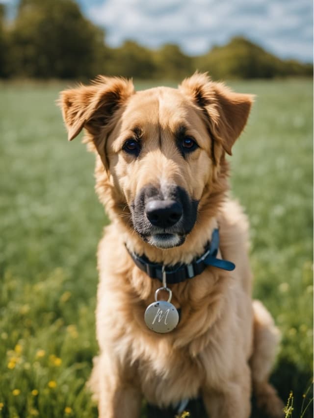 A Goldendoodle-Belgian Malinois mix sits in a field with a tag on his collar.