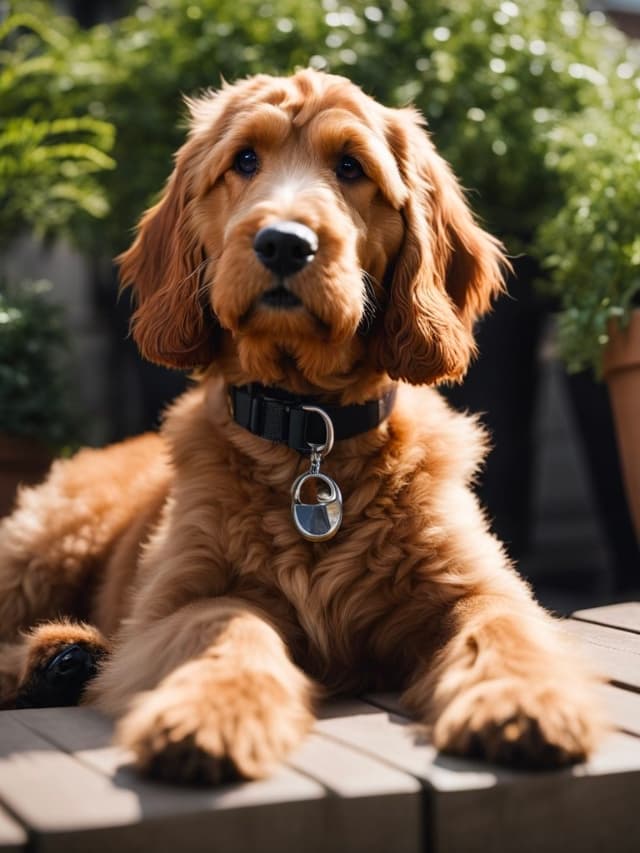 A Goldendoodle-Irish Setter laying on a wooden deck.