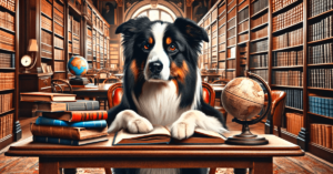 A dog sitting at a desk in a library.