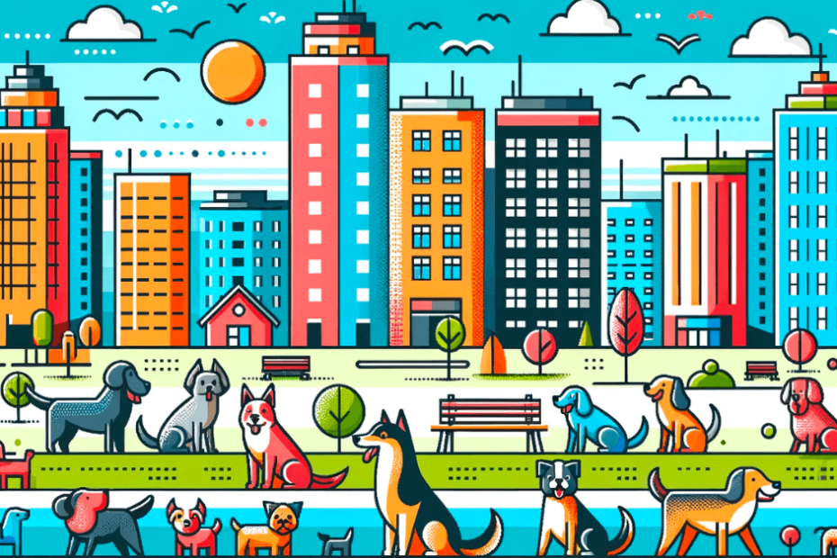 A cartoon of dogs in a park with buildings and skyscrapers.