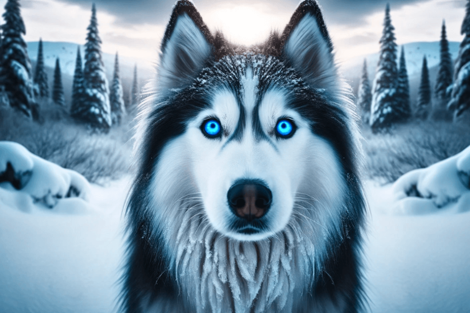 A husky dog with blue eyes in the snow.