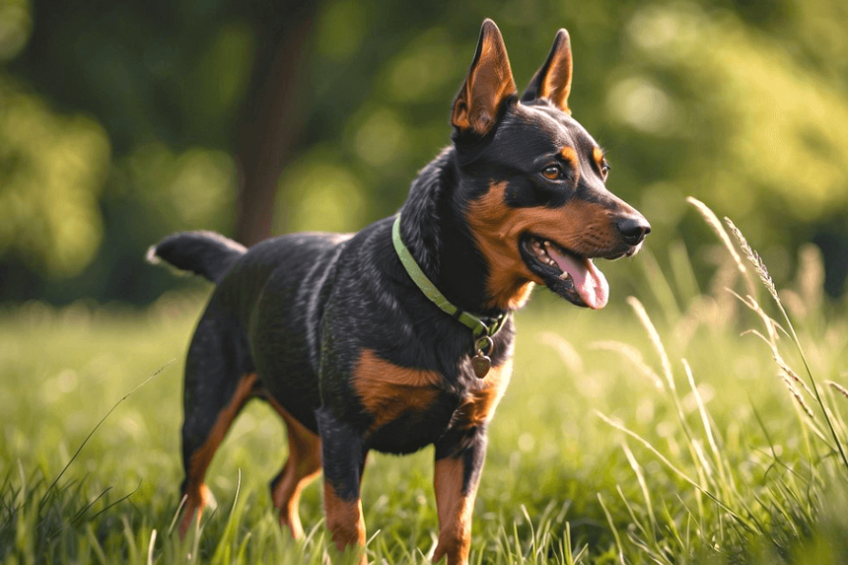 A black and tan dog standing in the grass.