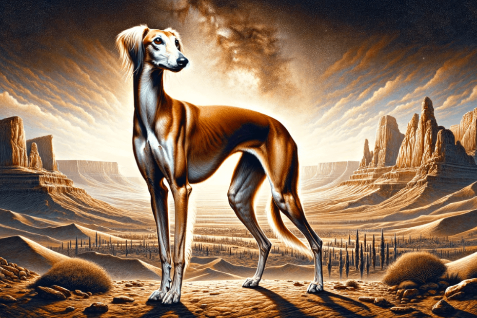 A painting of a dog standing in the desert.