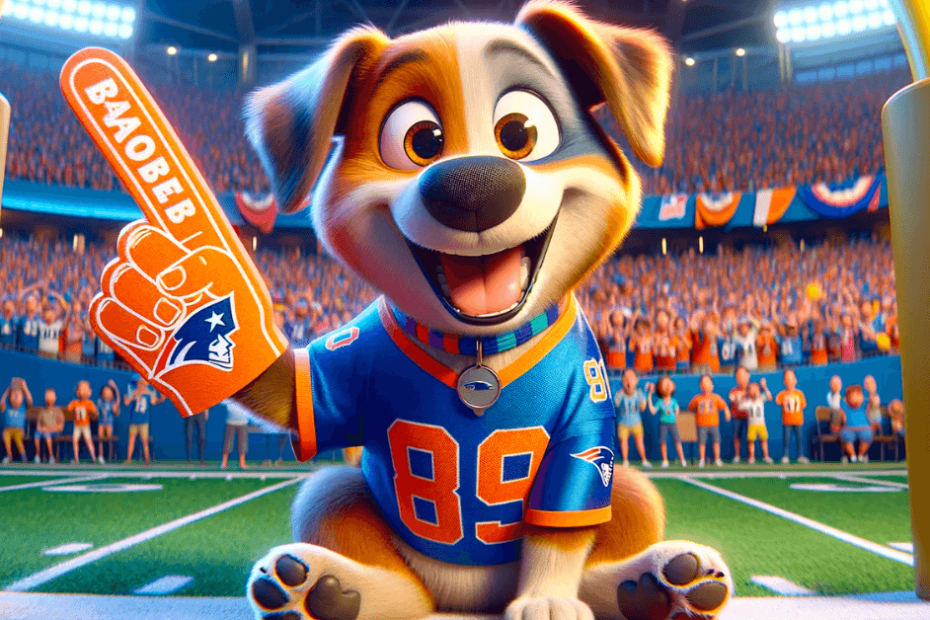 A cartoon dog is holding a football in front of a stadium.
