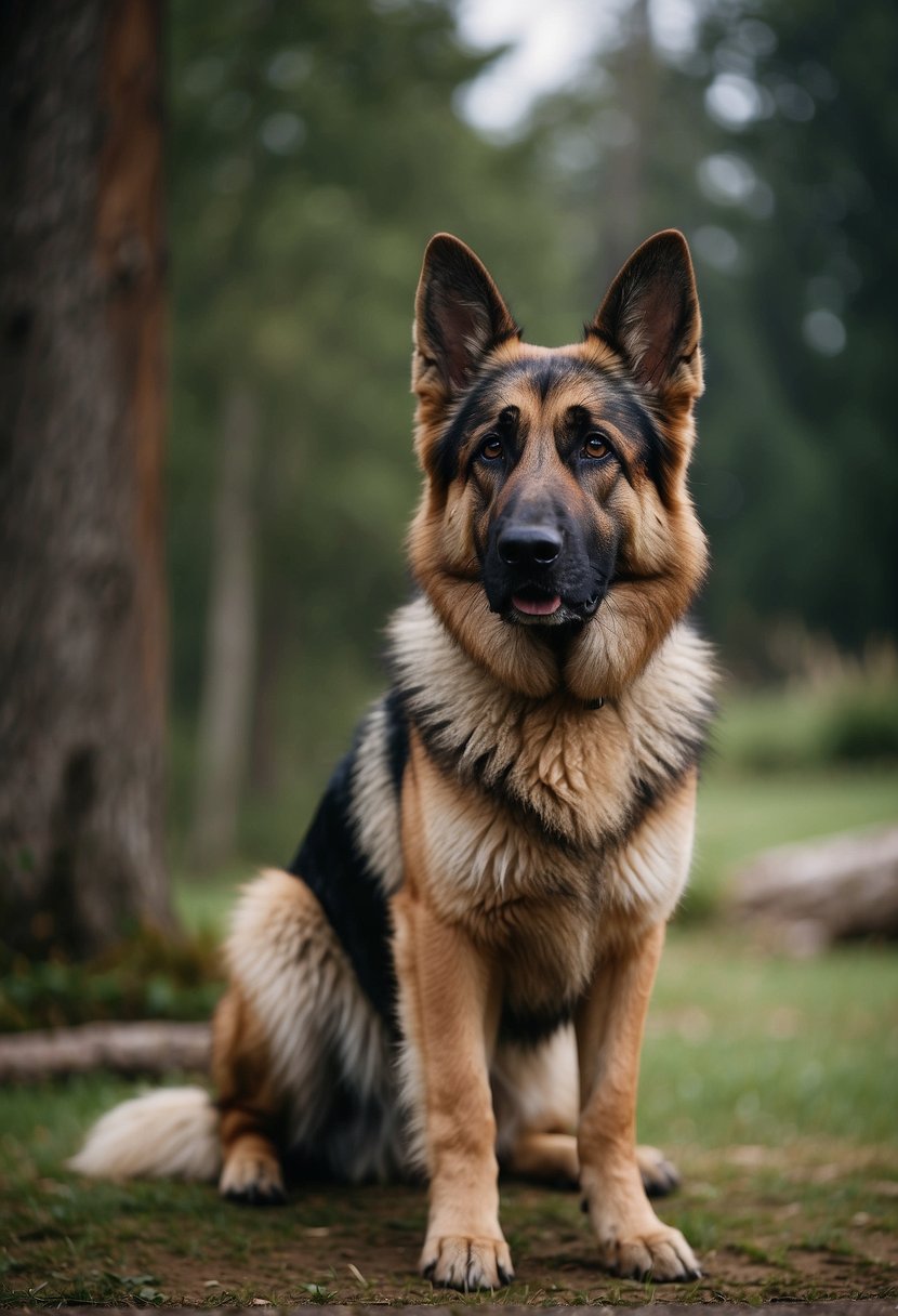 A German Shepherd stands alert, ears perked and muscles tense, ready to protect its territory