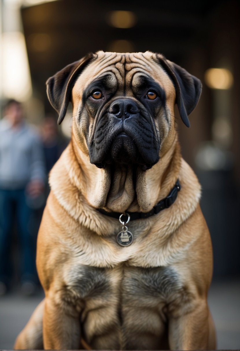 A Bullmastiff stands tall and alert, with a strong, muscular build. Its confident gaze and imposing presence exude a sense of protection and security