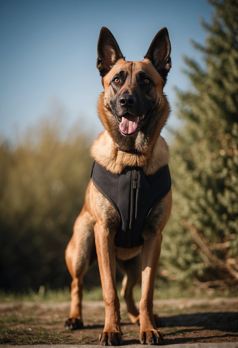 A Belgian Malinois stands alert, ears perked and muscles tense, guarding its territory with a watchful gaze